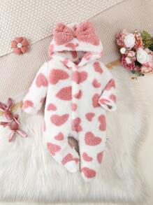 婴儿/女宝宝粉色爱心毛绒长袖连脚连体睡衣套装