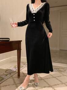 DAZY 女士优雅撞色蕾丝纽扣装饰中长连衣裙，秋冬，新年舞会礼服长袖连衣裙