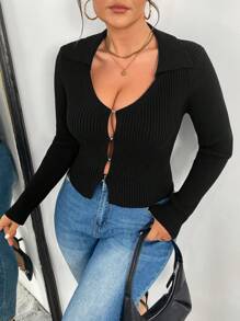 SHEIN Clasi 大码女式纯色翻领长袖镂空开衫，秋冬款 - 黑色 - 查看 7
