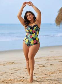 Swim Lushoire Traje de baño de una sola pieza con estampado floral y aros para tallas grandes, que realza el busto para el verano