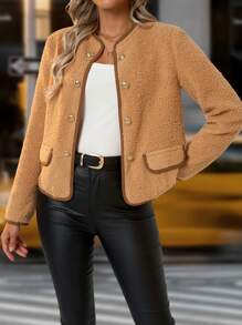 SHEIN Clasi Chaqueta de invierno para mujer con decoración de botones de pelusa cálida