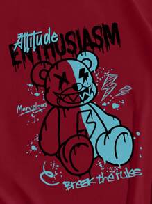 SHEIN Manfinity EMRG 男士宽松卡通熊与字母印花圆领短袖 T 恤 - 酒紅色 - 查看 3