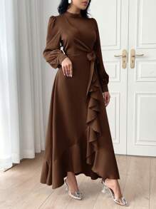 Modelyn Đầm dài tay thắt lưng màu trơn thời trang nữ, Đầm dự tiệc buổi tối thanh lịch Đầm dài buổi tối - Cà phê nâu - Xem 6