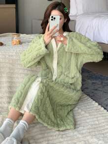 DAZY Áo choàng hở phía trước kẻ sọc tối giản màu vải nỉ, mùa đông - màu xanh lá - Xem 4