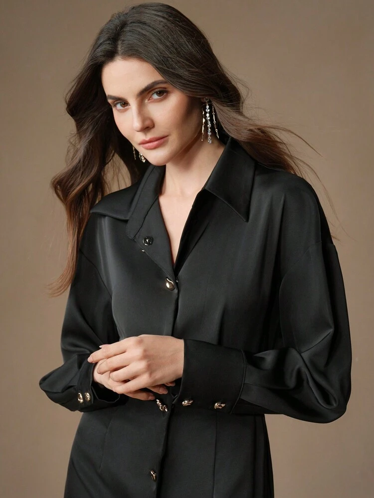 Black High-Quality Elegant POLO Shift Dress, Fitted And Slimming, Designed Shirt Dress Satin Women Outfit