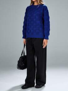 GENKIRA 美式休闲圆领毛圈格纹宽松套头衫，秋冬款 - 藏蓝色 - 查看 3
