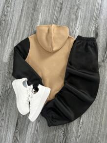 SHEIN Set casual de 2 piezas de niño preadolescente con sudadera con capucha con bolsillo y parche gráfico de letras, y pantalón de chándal