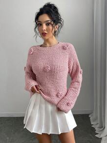 Chiquease 女士休闲圆领 3D 花朵图案毛衣