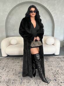 SHEIN SXY Black Fluffy Coat, Thick & Long, Autumn/Winter