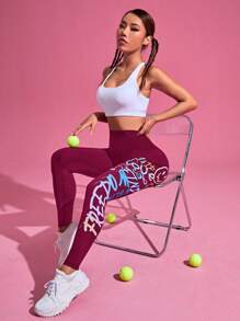Gameset SHEIN Sport Women's Fashion Letter & Cartoon Print Elastic Sports Leggings - Burgundy - View 5