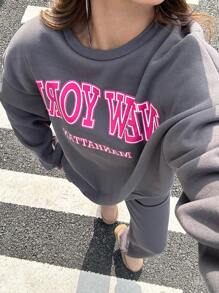 SHEIN Leap Crew 2pcs Set: Grey Hoodie With Letter & Fleece Casual Sweatpants, Collegiate And Street Style