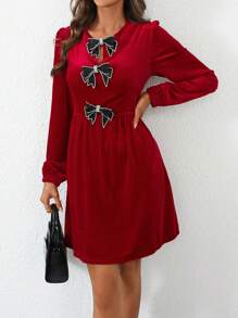 SHEIN LUNE Women's Elegant Rhinestone Bow Decor Lantern Sleeve Short Dress, Autumn/Winter For New Year Clothes Fall Cloth For Women - Red - View 3