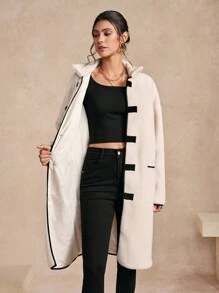 Chiquease Women's Color Block Trim Front Button Long Sleeve Mid-Length Warm Fleece Coat, Autumn/Winter - Apricot - View 6