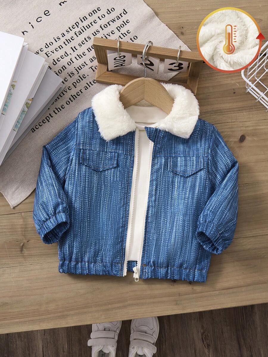 SHEIN Baby Boy Zip-Up Thermal Lined Blue Long Sleeve Jacket, Autumn/Winter - Blue - View 1