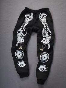 Manfinity EMRG Men's Frog Chain Lock Eye Graphic Print Sweatpants, Fall And Winter Going Out Long Street Wear Baggy Sweatpants, For Husband, Boyfriend Gifts - Black - View 1