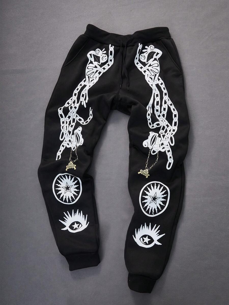 Manfinity EMRG Men's Frog Chain Lock Eye Graphic Print Sweatpants, Fall And Winter Going Out Long Street Wear Baggy Sweatpants, For Husband, Boyfriend Gifts - Black - View 1