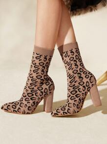 CUCCOO BASICS Women's Pointy Toe Chunky Heel Leopard Print Slip-On Elastic Knit Sock Boots, Mid-Calf Short Boots Spring Shoes Spring Break Easter