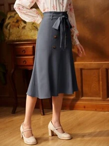 Vintamour 复古优雅女式裙子，双排扣，蝴蝶结腰带，卡其色，度假/通勤/休闲，美人鱼裙 返校秋季女装 返校服装 秋季服装 卡其色裙子 办公室服装 秋装 返校节裙子 短款 栗色 - 灰色 - 查看 7