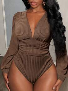 Slaydiva New Style Casual And Elegant Home V-Neck Puff Sleeves Long-Sleeved Waist Pleated Brown Ribbed Knitted Fabric Women's Bodysuit