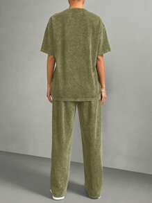 SHEIN EZwear 2 stuks Vrouwen Tie Dye Ronde Hals Drop Schouder Korte Mouw Losse T-shirt En Broek Casual Outfit