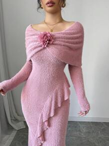 Modelyn 1 pieza Vestido maxi asimétrico con volantes y ajustado de hombros descubiertos para mujer, vestido de noche largo