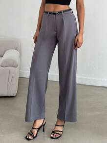 SHEIN Women's Casual Commuting Solid Mid Rise Belted Pants - Dark Grey - View 4