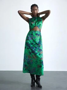 Maija 花卉印花扭纹镂空设计女士长款无袖连衣裙，绿色，春夏节日 - 綠色 - 查看 7