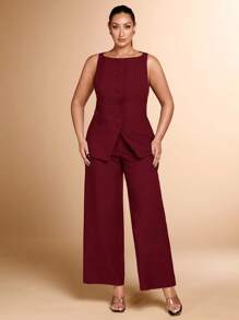 SHEIN BAE Plus Size 2pcs Elegant Daily Commuting Women's Red Boat Neck Sleeveless Vest And Wide-Leg Trousers Business Commuting Two-Piece Suits Women Set