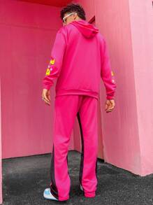 PAVTROS Manfinity Streetrush 2pcs Men Slogan Print Drawstring Hooded Sweatshirt And Sweatpants Casual Tracksuit Set, Autumn - Hot Pink - View 2