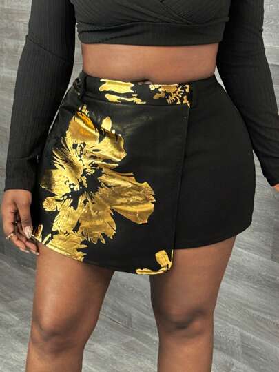 Slaydiva Floral Satin Jacquard Asymmetric Hem Skirt/Shorts/Culottes