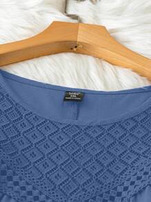 SHEIN LUNE 大码女式休闲纯色撞色蕾丝宽松背心，夏季 - 藍色 - 查看 3