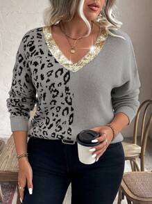 Calvaya Plus Size Leopard Pattern Contrast Sequin V-Neck Casual Long Sleeve Pullover Sweater, For Winter Knit Pullover Fall - Grey - View 4