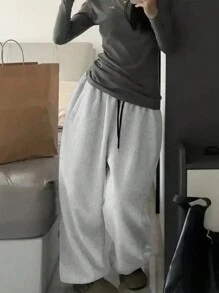 INAWLY 加大码纯色弹性腰部口袋抽绳宽松休闲慢跑宽松运动裤 - 淺灰色 - 查看 3