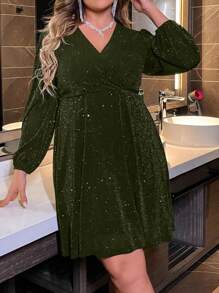 Allurite Plus Size V-Neck Crisscross Wrap Elegant Long Sleeve Dress