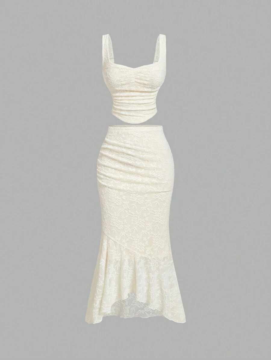 SHEIN MOD 杏色蕾丝背心鱼尾裙两件套梦幻正式套装、舞会套装、巡航女士服装、衣服、90 年代服装、秋季套装、韩国时尚、僵尸新娘、伴娘套装、晚宴服装、生日女士服装、返校节、荷叶边套装、文艺复兴