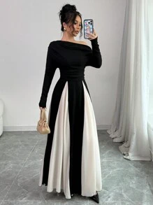 Rafferiza 女士优雅休闲连衣裙，斜肩褶饰，不对称下摆长袖紧身长裙女装 - 黑與白 - 查看 7