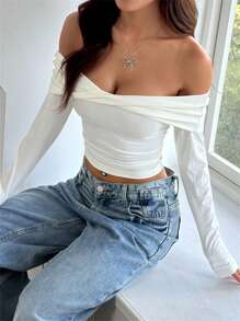SHEIN EZwear Plus Size Solid Color Off Shoulder Long Sleeve Slim Casual Top