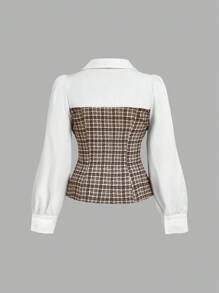 SHEIN MOD Plus Size Plaid Split Hem Patchwork Crop Top Shirt, Elegant For Work Commute - Multicolor - View 2
