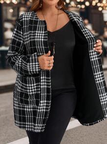 EMERY ROSE Chaqueta casual a cuadros con bolsillos duales para mujer de talla grande, adecuada para otoño/invierno - Blanco y Negro - Ver 1