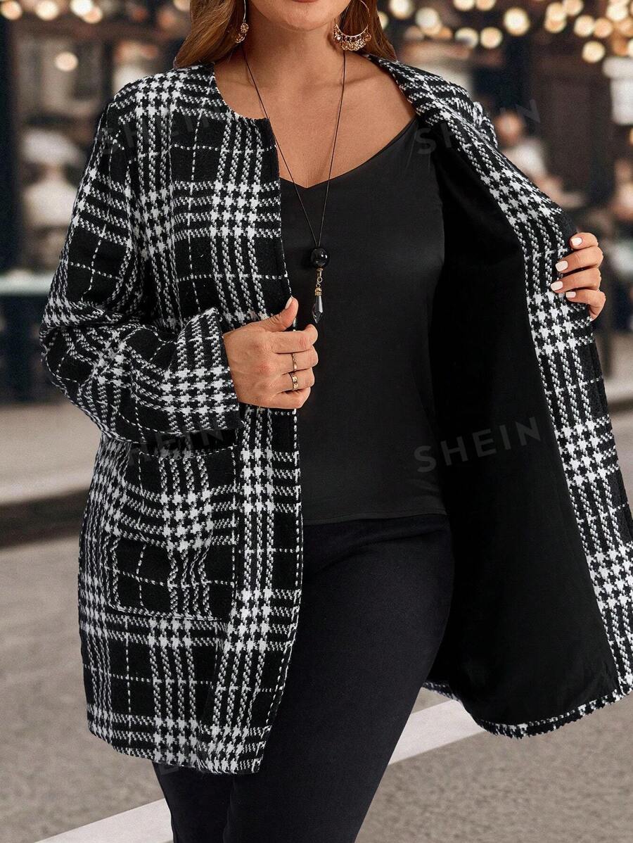 EMERY ROSE Chaqueta casual a cuadros con bolsillos duales para mujer de talla grande, adecuada para otoño/invierno - Blanco y Negro - Ver 1