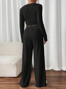 SHEIN Frenchy Women 2pcs/Set Solid Color Square Neck Long Sleeve Ribbed Casual T-Shirt And Pants Relaxed Fit Set, Autumn