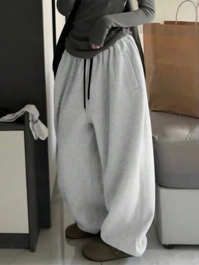 INAWLY 加大码纯色弹性腰部口袋抽绳宽松休闲慢跑宽松运动裤