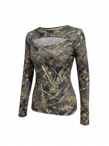 INAWLY 女士秋季休闲满印镂空修身长袖T恤图案T恤女式春季上衣 - 軍綠色 - 查看 4