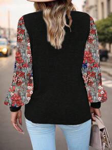 SHEIN LUNE Blusa de mujer con cuello redondo, estampado floral y parches de unicolor