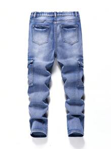 SHEIN Tween 男童破洞工装牛仔裤，休闲高街弹力牛仔裤，蓝色 - 中等水洗藍 - 查看 2
