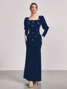 SHEIN Belle Đầm dạ hội đuôi cá dài tay nhung đính đá lấp lánh Giáng sinh màu đen, thời trang mới cho buổi biểu diễn sân khấu/tiệc cưới dáng ôm - Màu xanh hải quân - Xem 3