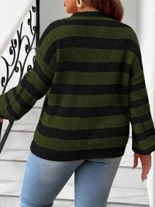 Calvaya Plus Size Women's Casual Striped Round Neck Drop Shoulder Long Sleeve Sweater, Autumn/Winter Knit Pullover Fall - Army Green - View 2
