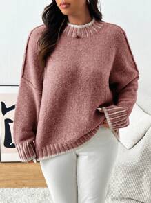 SHEIN Frenchy Plus Size Loose Casual Stand Collar Colorblock Pullover Sweater, For Winter Fall - Dusty Pink - View 5