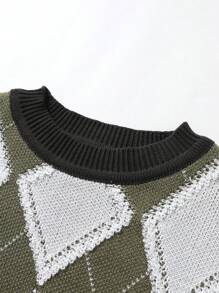 Claim Dot Men's Casual Loose Fit Drop Shoulder Rhombus Pattern Knitted Plaid Pullover Graphic Color Block Long Sleeve Green Sweater, For Vacation, Friends - Multicolor - View 4