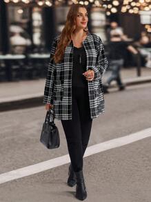 EMERY ROSE Chaqueta casual a cuadros con bolsillos duales para mujer de talla grande, adecuada para otoño/invierno - Blanco y Negro - Ver 6